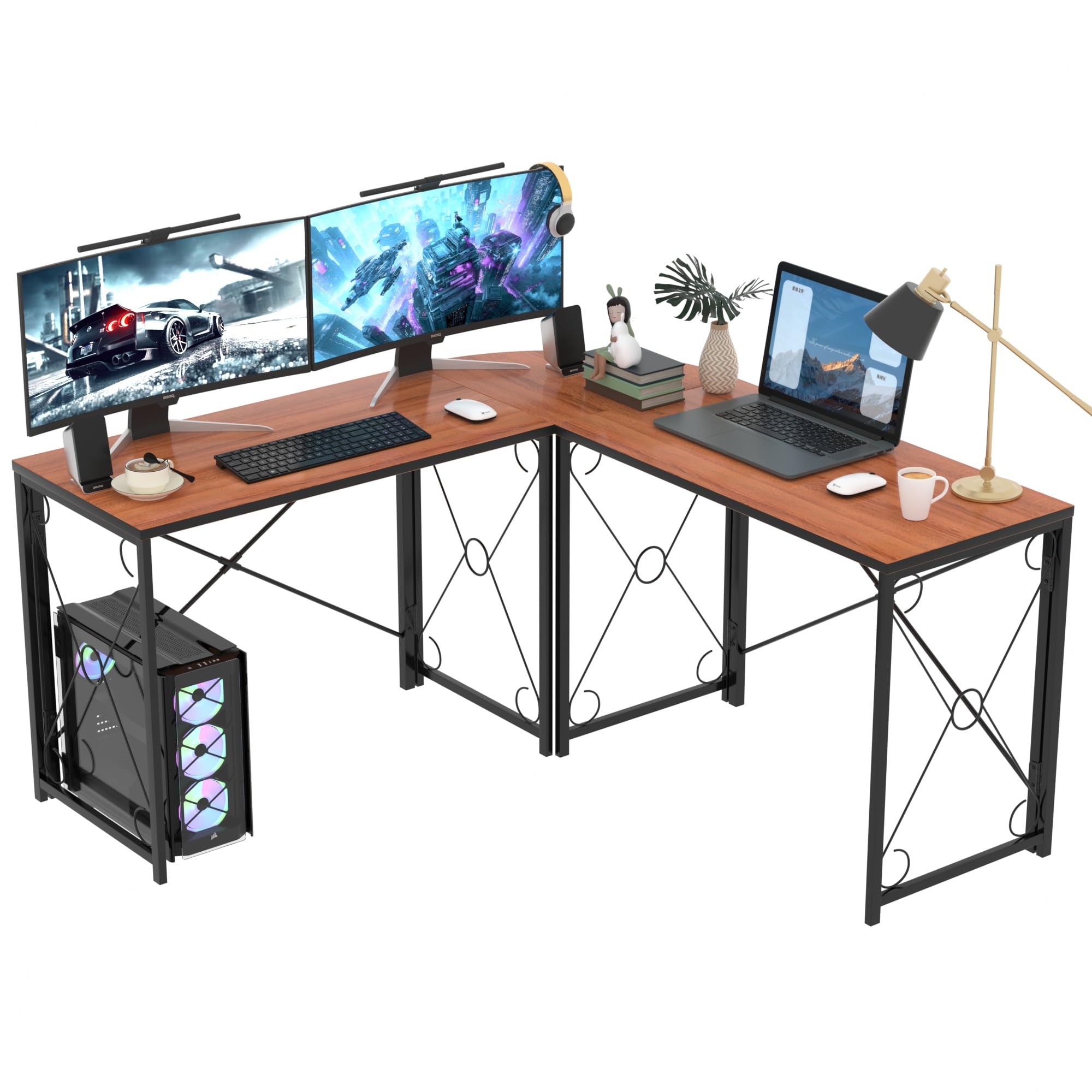 Dual Monitor Desk Setup - L-Shaped Computer Desk With Metal Frame