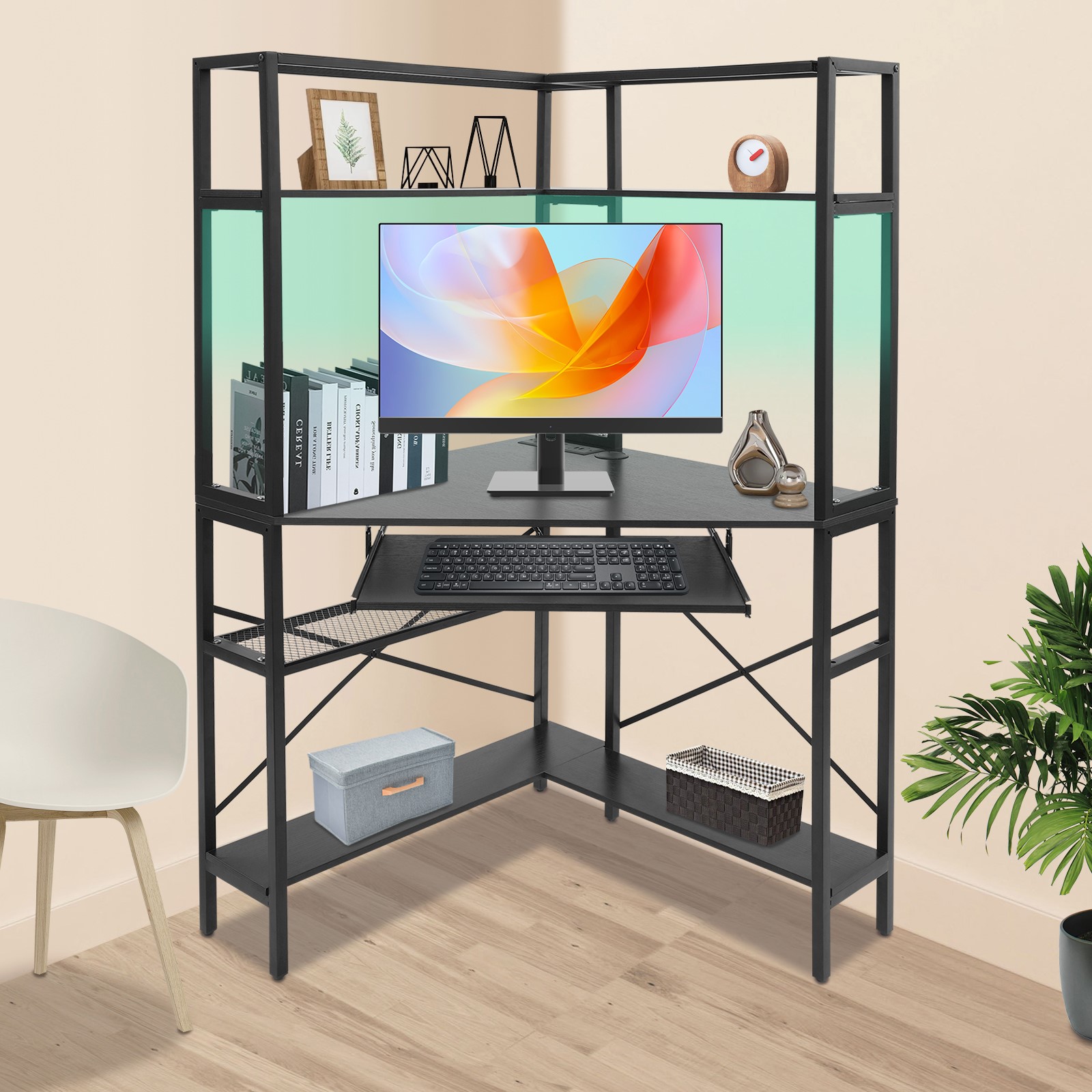 Desk Setup Small Space - Triangular Corner Computer Desk with LED