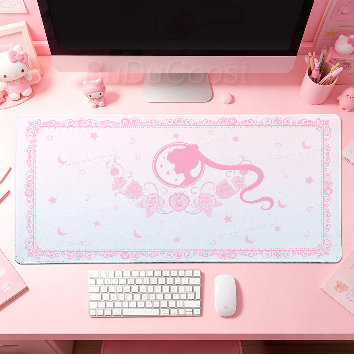 Desk Setup Accessories Aesthetic - Kawaii Anime Girls Pink Mouse Pad