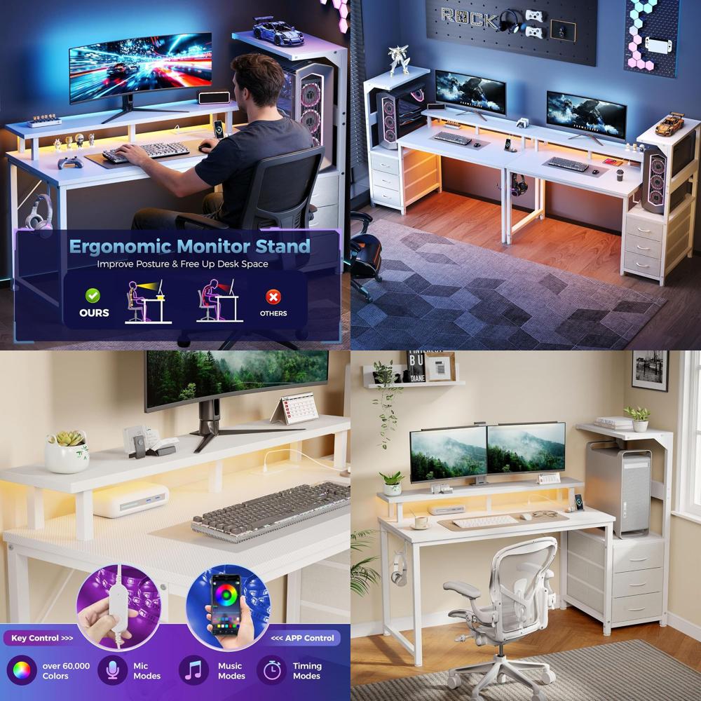 Dual Monitor Desk Setup - White 52 L-Shaped Gaming Desk with