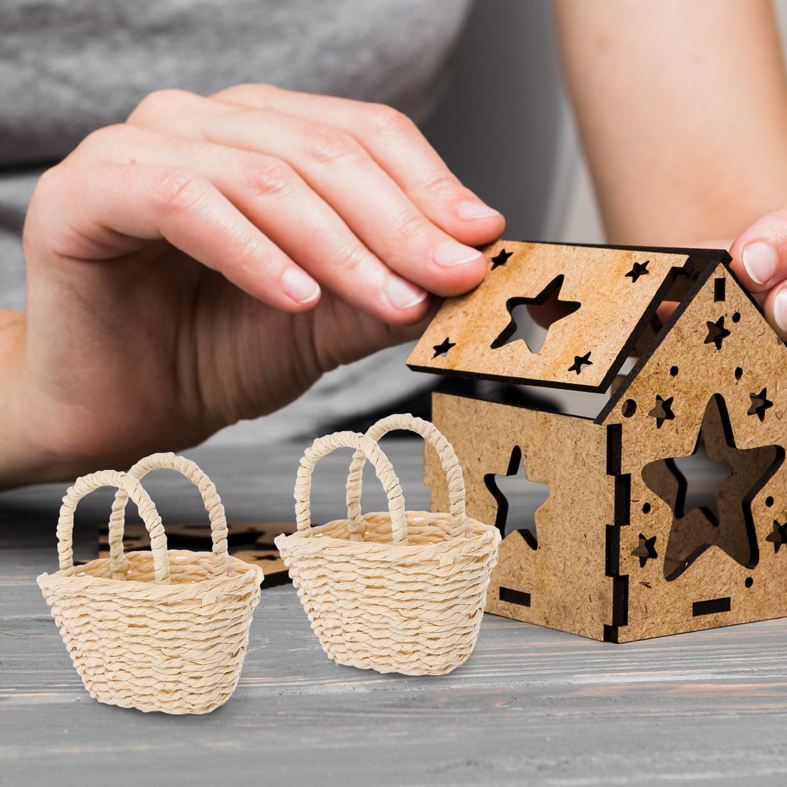 2Pcs Mini Raffia Handle Basket - Desk Setup Small Space บทวิจารณ์และราคา