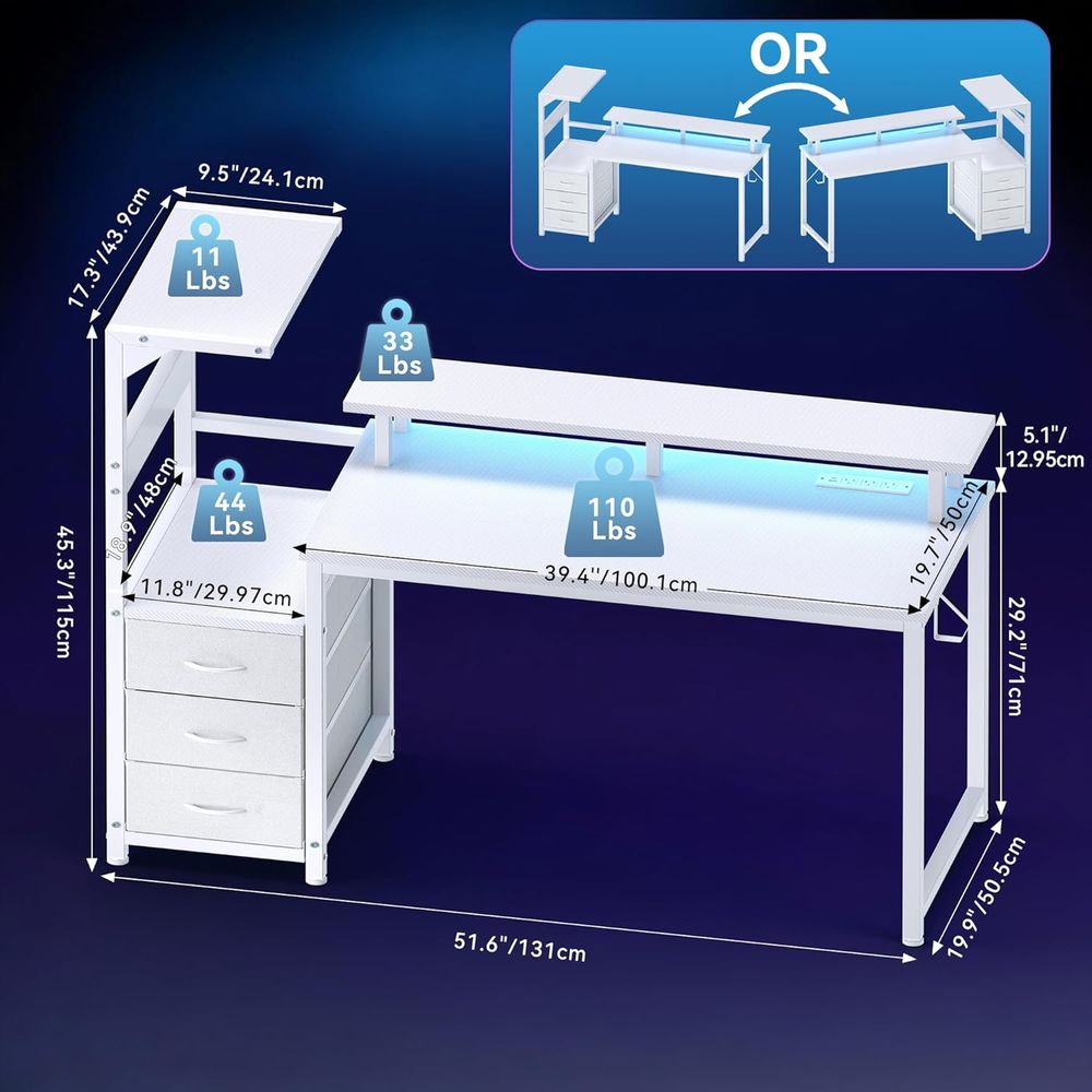 White 52 L-Shaped Gaming Desk  - Dual Monitor Desk Setup บทวิจารณ์และราคา